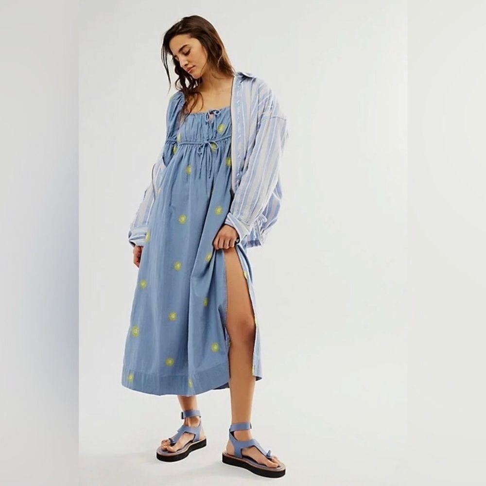 FREE PEOPLE Emory Boho Embroidered Square Neck Puff Sleeve Peasant Dress Size XS